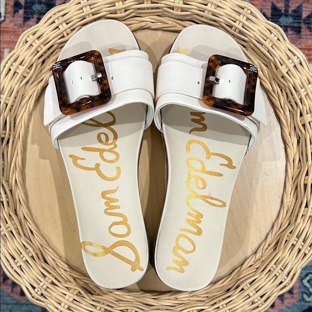 Sam Edelman White Slide Sandals with Tortoise Buckle